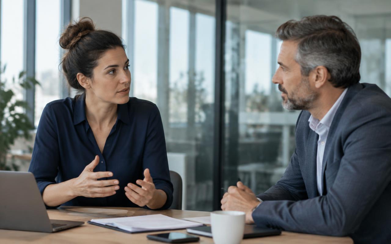 Two colleagues discussing work across a desk in a bright modern office