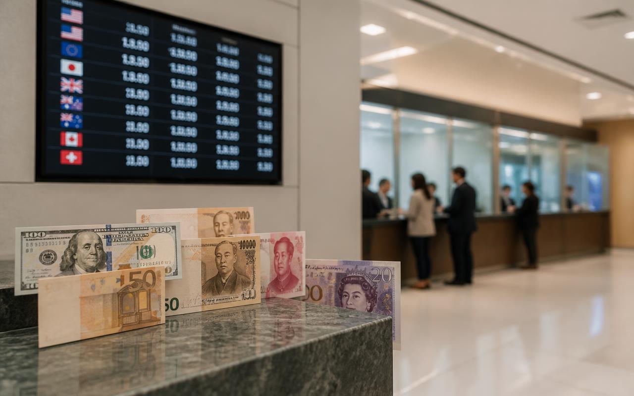 Banknotes on a counter in front of a currency exchange board