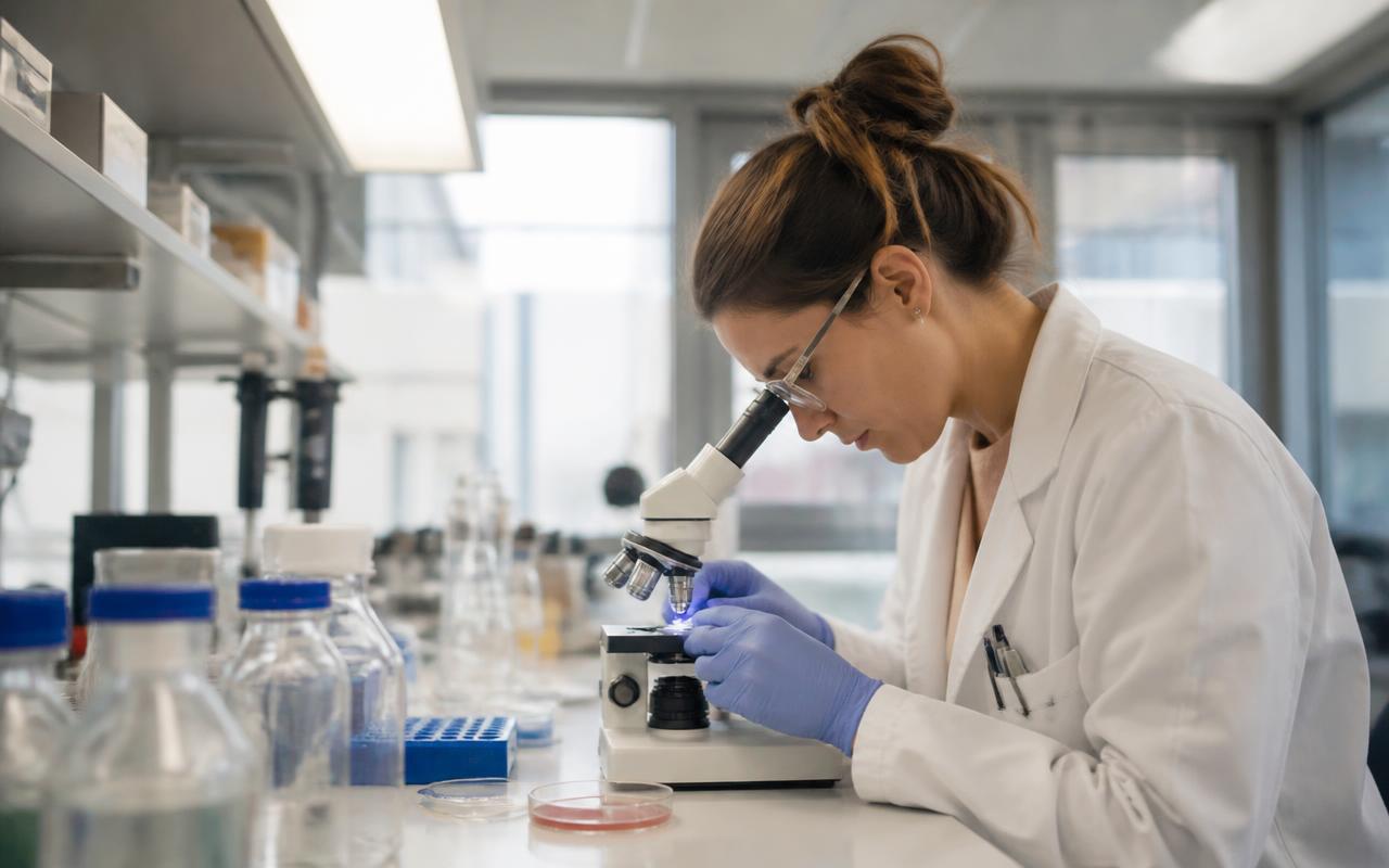 Researcher examining samples under a microscope in a laboratory