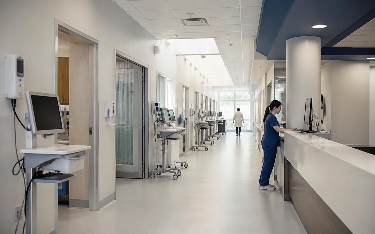 Modern hospital corridor with clinical workstations