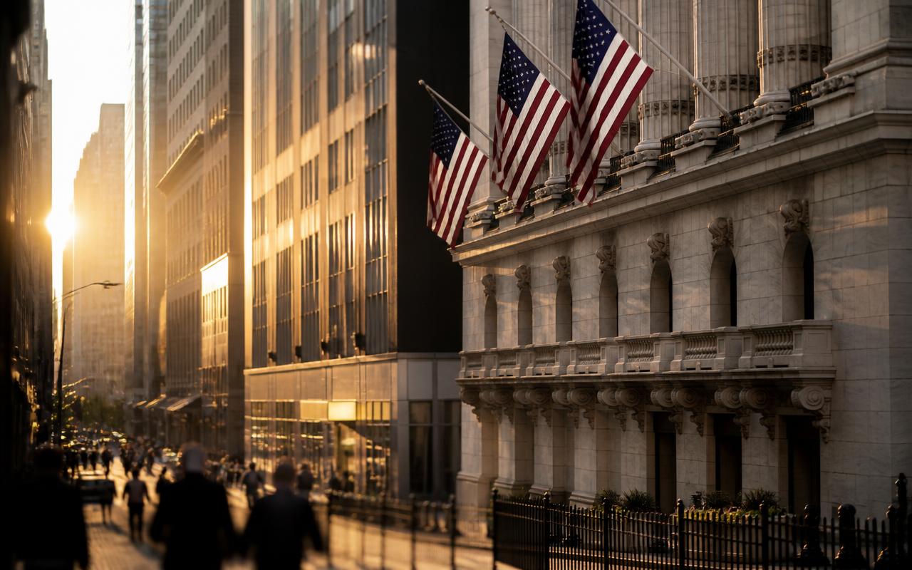 Financial district buildings and flags at golden hour