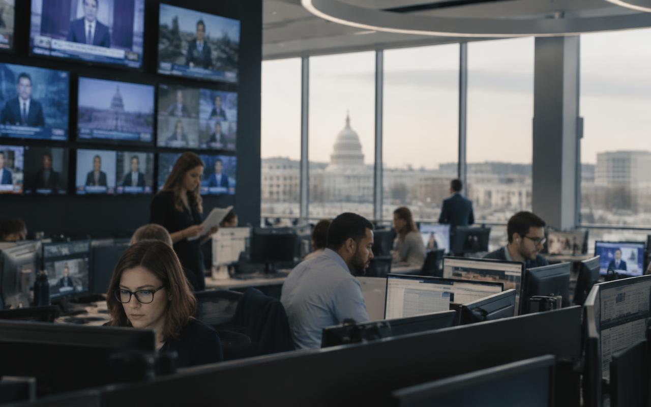 Journalists working at desks in a modern newsroom