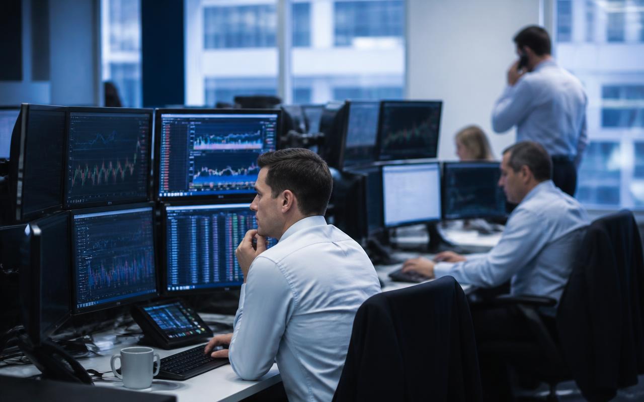 Analysts working at multi-monitor trading desks