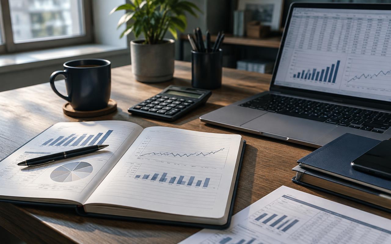 Analytical workspace with financial charts, a calculator and a laptop